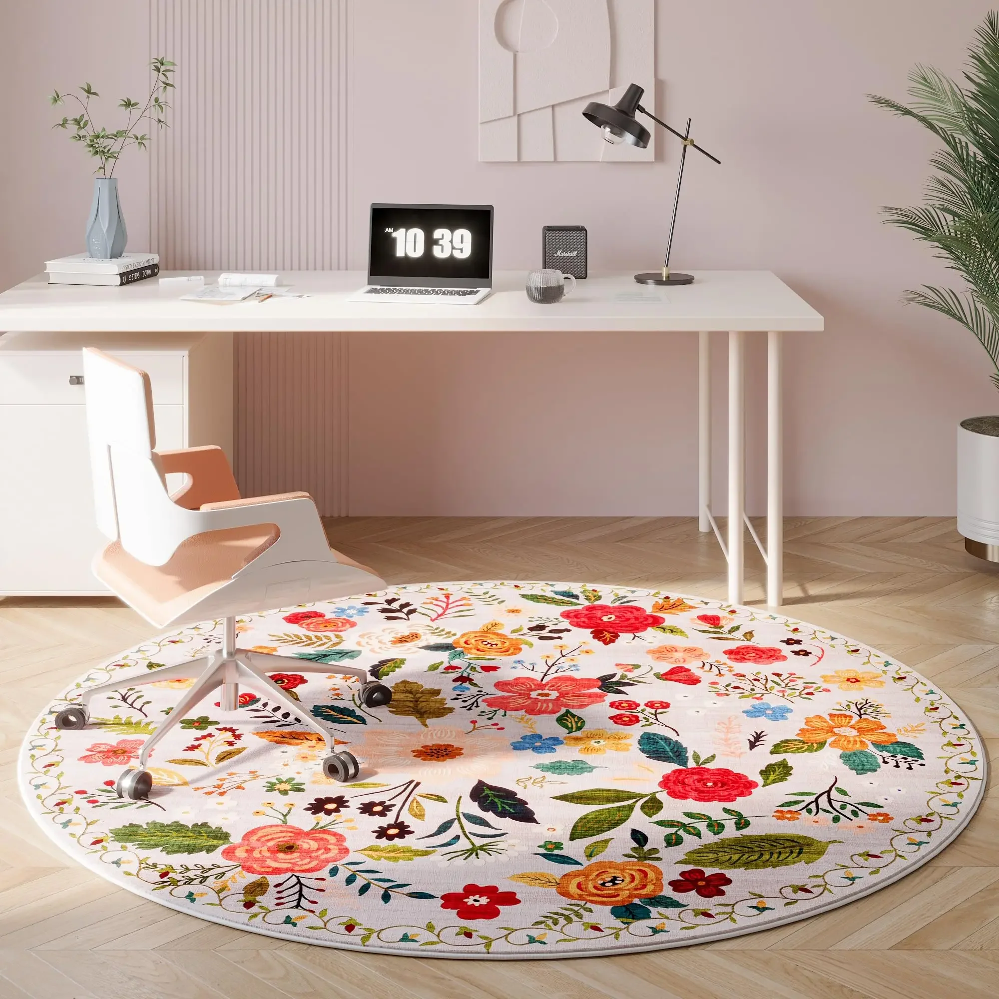 VIKAMA Round Rug 4ft Washable Circle Rug Non Slip Low Pile Boho Floral Small Area Rug for Bedroom Bathroom Entryway Home Decor
