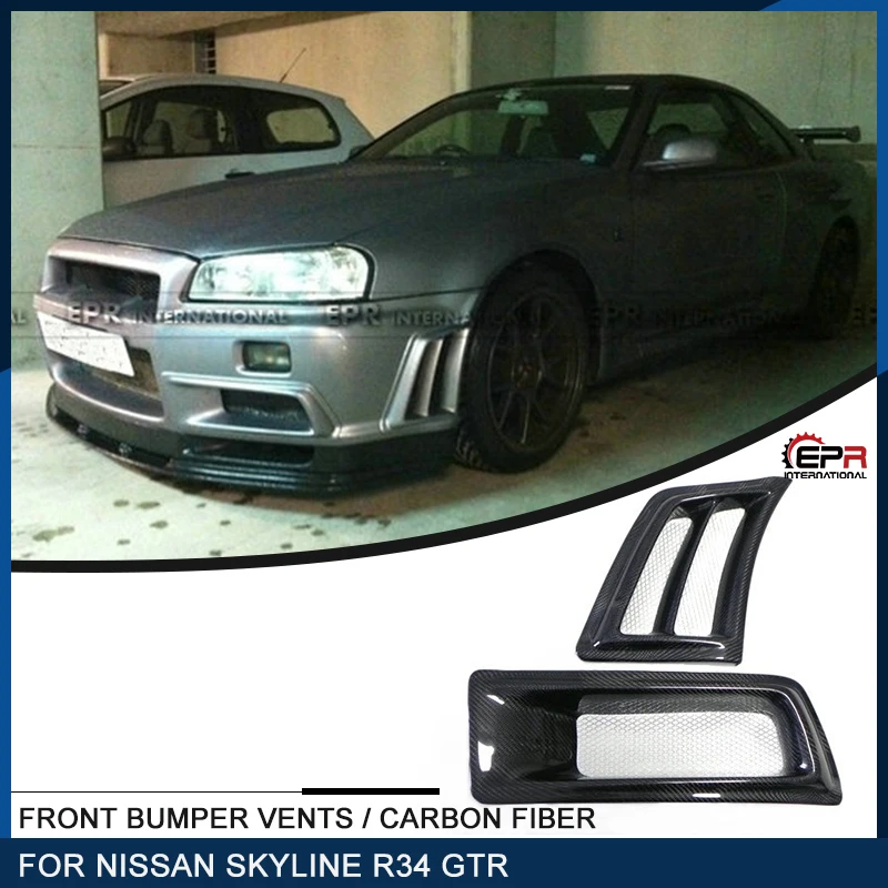 For Nissan Skyline R34 GTR UK V-Spec Carbon Fiber Front Bumper Vent Glossy Finish Tuning Air Intake Duct Fibre Drift Cover Trim