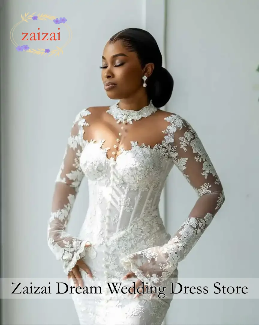 Customized Luxury Mermaid Wedding Dress Sheer Neck Long Sleeve Ladies Bride Dress Lace Appliques Bridal Gowns Vestido De Novia