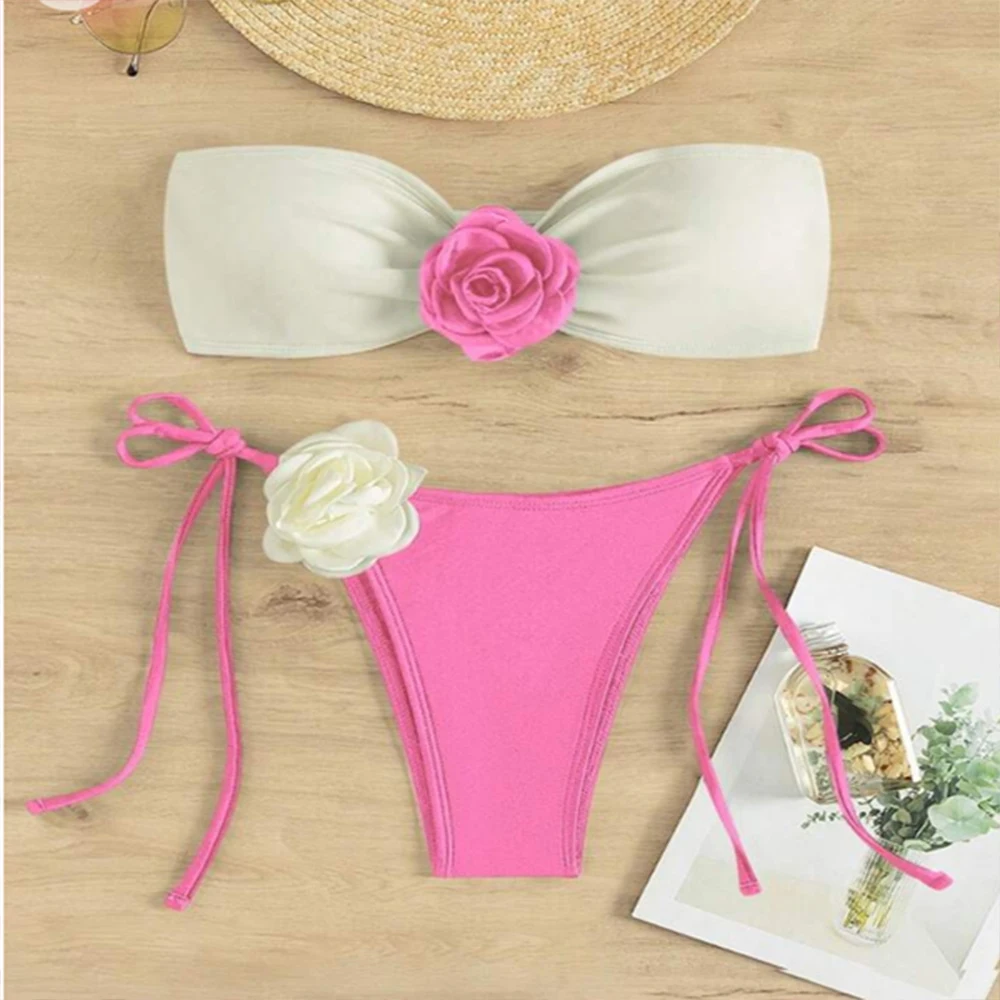 

New Women's Fashionable Bikini Floral Design Sexy Swimsuit 2026 Korean Style Swimsuit Cute Sweet Photo Bikini Thong Set L0056