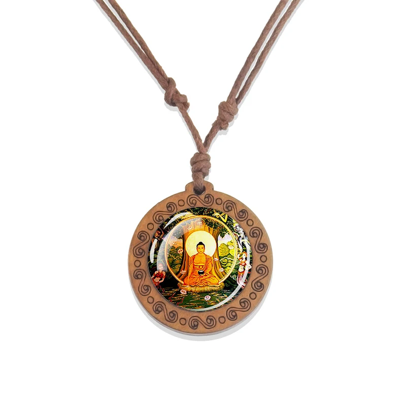 Buddhist Bon Pendants Lotus Faith Buddha Image Glass Dome Necklace Handmade Wooden Base Pendant Menglan Festival Gift