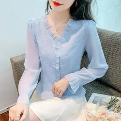 French Jacquard Pullover V-neck Shirt Women's Long Sleeved 2024 Autumn New Western Fashion Solid Color Chiffon Flare Sleeve Tops