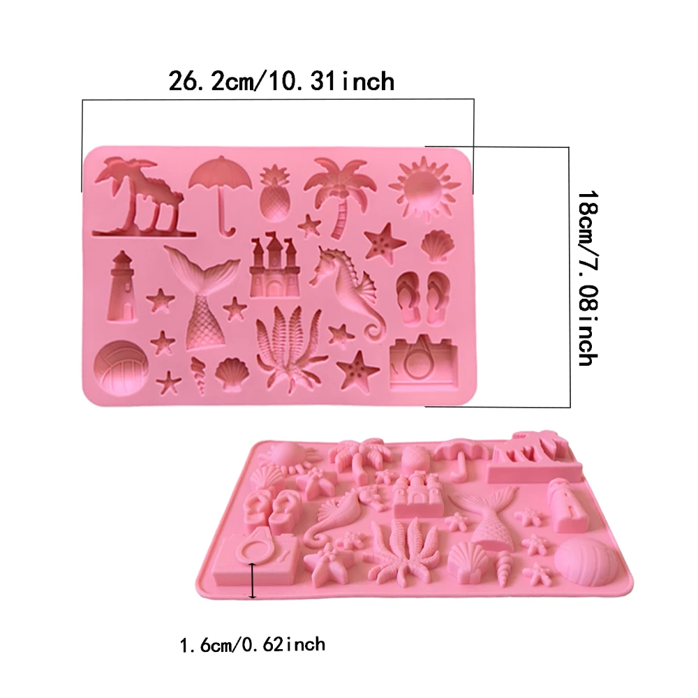 3pcs Summer Beach Themed Silicone Molds, Suitable for Chocolate, Coconut Tree, Starfish, Shell, Lighthouse, Pineapple Shaped