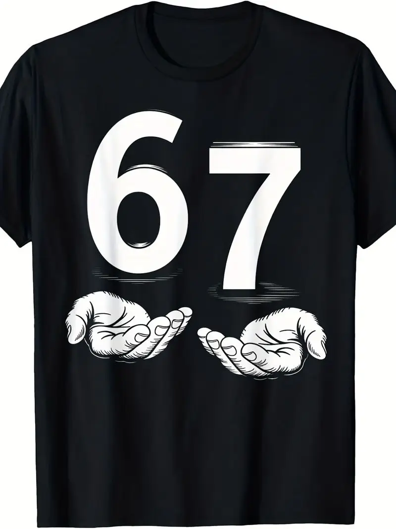 Men's Funny 67 Meme Gen Alpha Slang Graphic T-Shirt 67 Number Hands Design Casual Streetwear Round Neck Tee Parties 4Th Of July