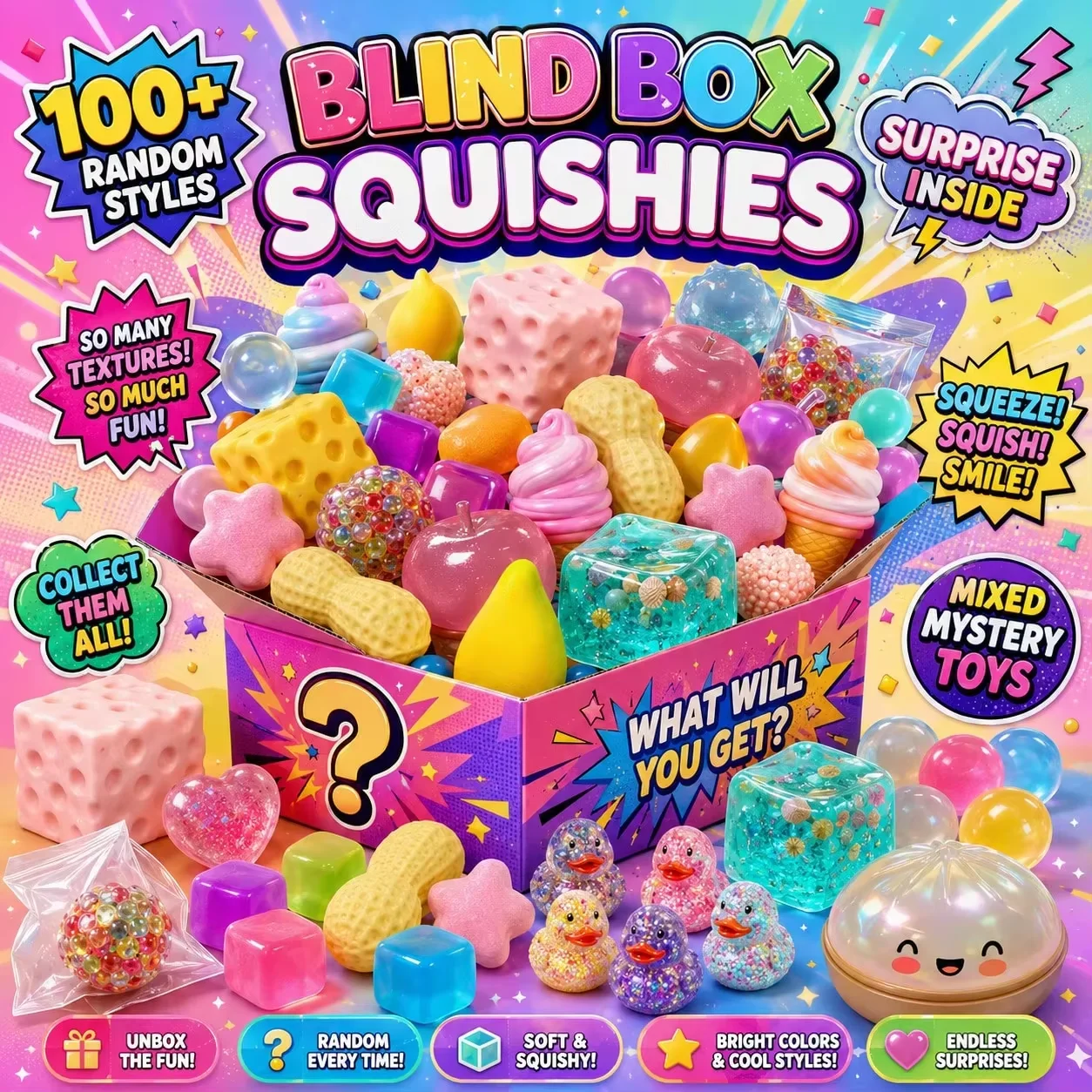 1000+Pieces/Kinds Assorted Squishy Figures Blind Box Surprise Toys Slow Rising Soft Fidget Squeeze Stress Relief Toy Random 1pcs