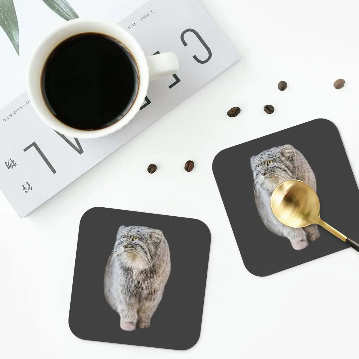 Posavasos redondos Pallas Cat, manteles individuales de cuero de PVC, tapetes aislantes antideslizantes para café, decoración para el hogar, cocina, comedor, juego de 6