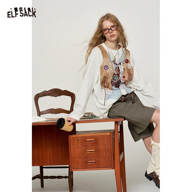ELFSACK Women's Loose Graphic T-Shirt with Fake Layered Vest Tie Print, White Round Neck Long Sleeve Top for Everyday Wear