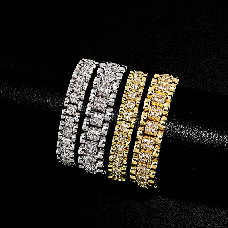 Hip Hop 3A+ CZ Stone Paved Bling Iced Out Watch Strap Link Chain Necklaces for Men Rapper Jewelry Gift Gold Silver Color