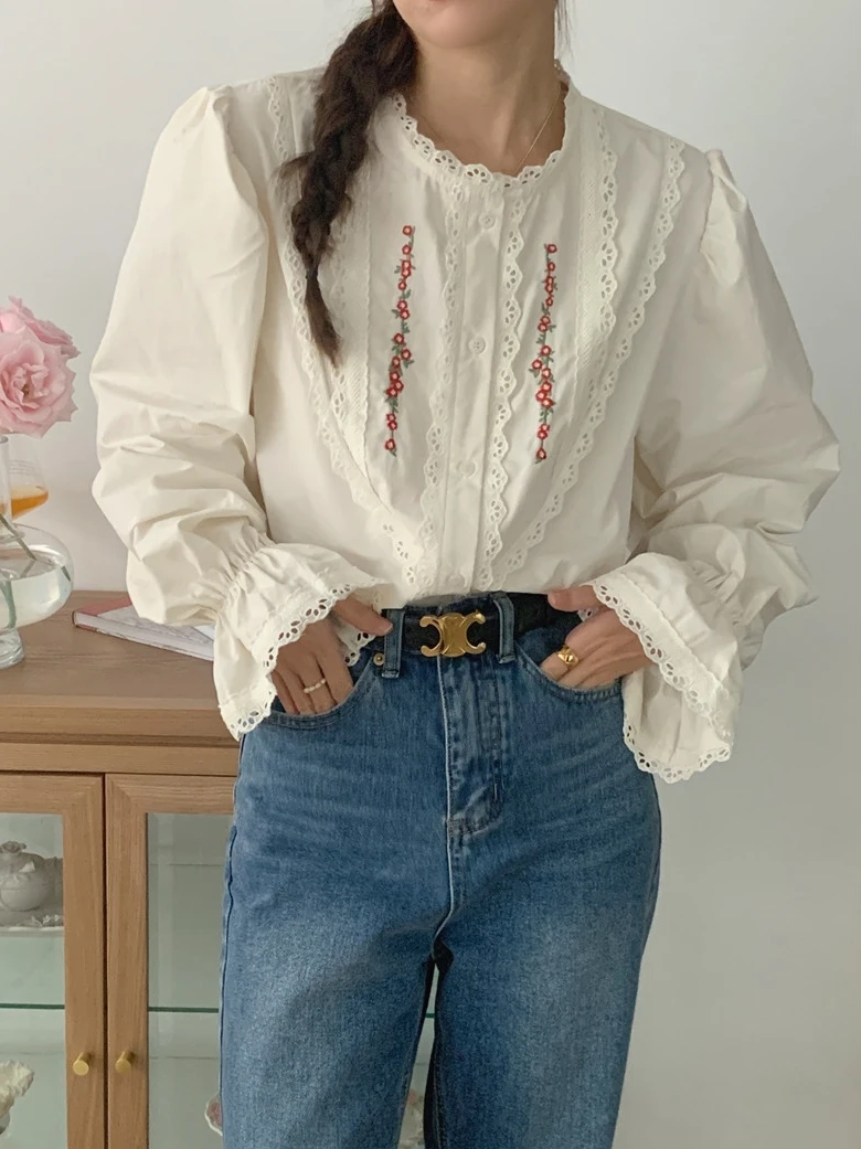 BL9570 New 2024 Korean Fashion Sweet Floral Chic Women Office Blouses Embroidery Shirts Spring Summe Vintage Elegant Lady Tops