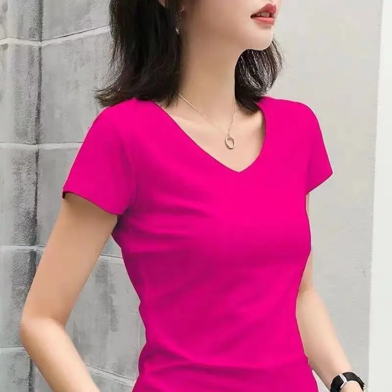 

Хлопковая женская летняя футболка с короткими рукавами, повседневная женская одежда, однотонная облегающая базовая рубашка с v-образным вырезом