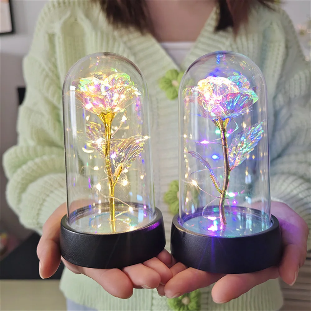 Valentinstag Geschenk für Freundin ewige Rose führte Licht folie Blume in Glas abdeckung Muttertag Hochzeit begünstigt Brautjungfer Geschenk