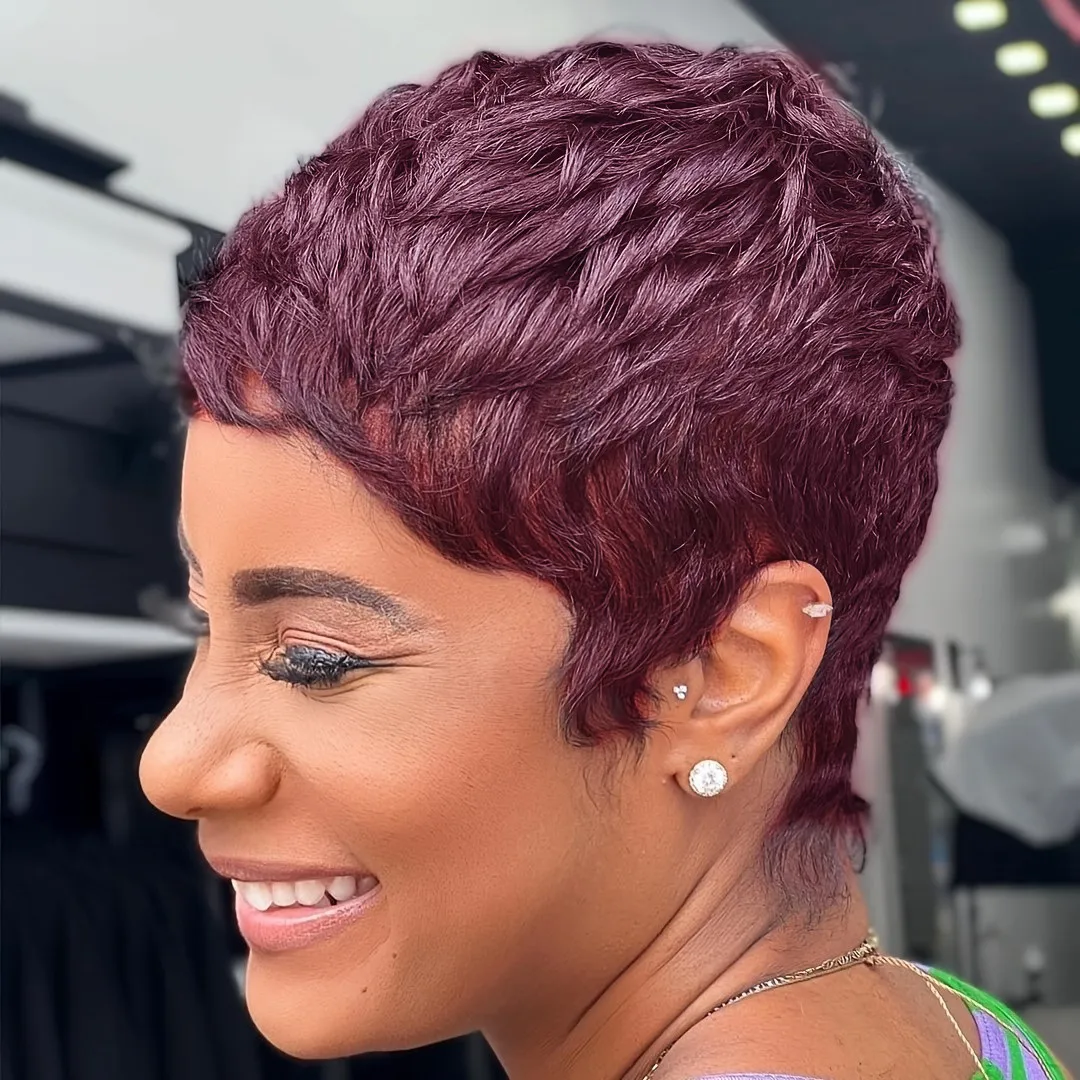 

short straight layered pixie cut human hair wig daily party use wig 4inch brown 30 99j black color remy hair machine made