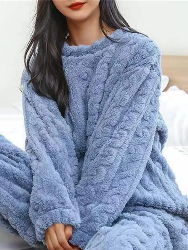 Damen-Pyjama-Set aus Korallenvlies mit Jacquardmuster, Weiche Warme Winter-Loungewear, Bequeme Heimkleidung als Geschenk für Weihnachten und Valentinstag