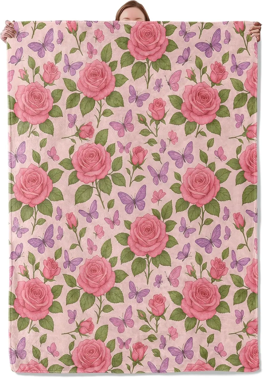 Pink Rose and Butterfly Blanket Gifts for Women Girls Kids, Soft Warm Lightweight Flannel Romantic Floral Throw Blankets for