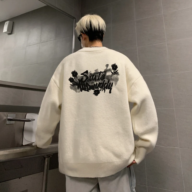 

Мужские свитера большого размера, осенний белый вязаный свитер, модная повседневная одежда с цветочным принтом и буквенным принтом для мужчин, вязаные пуловеры, мужская одежда