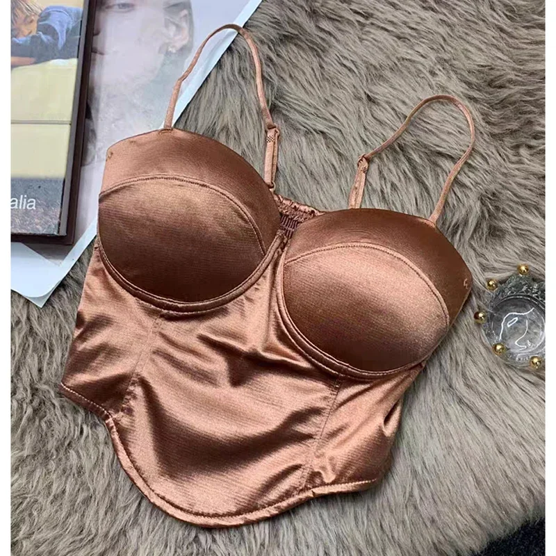 2025  Women Sexy Crop Top Solid Pleated Satin Tanks Top With Bra Pad Beach Camis Spaghetti Backless Casual Top Spring Summer