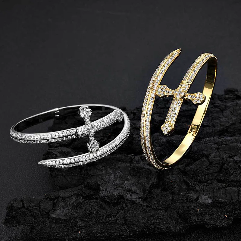 Hip Hop 3A+ Cubic Zirconia Paved Bling Ice Out Sword  Bangle Bracelets for Men Women Rapper Jewelry Gifts Gold Silver Color