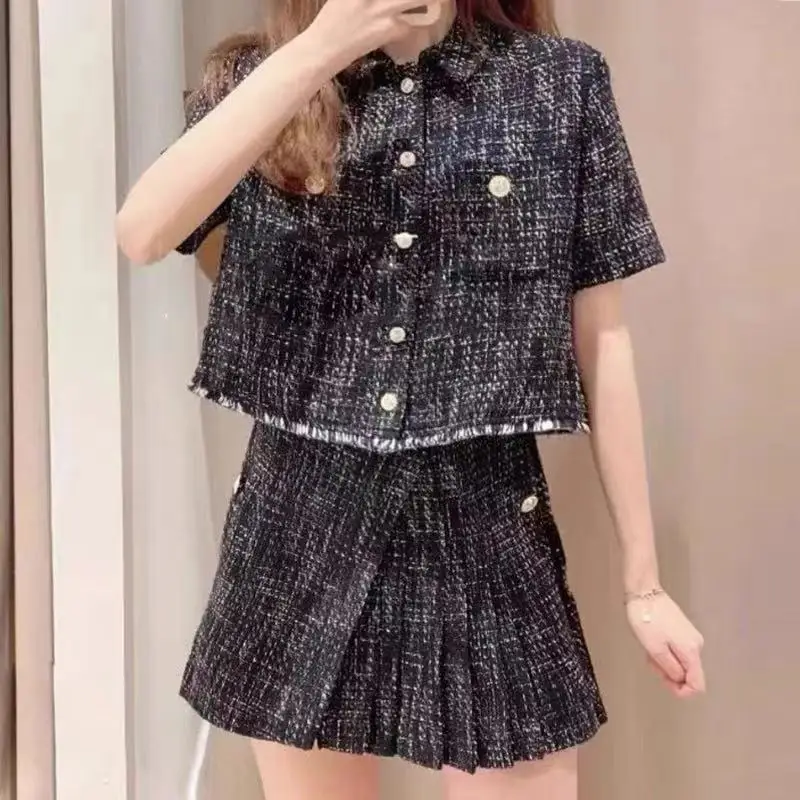 Summer New Women Tweed Casual Suit Tassel Edge Turn Down Collar Buttons Short Sleeve Tops or Pleated Pant Skirt