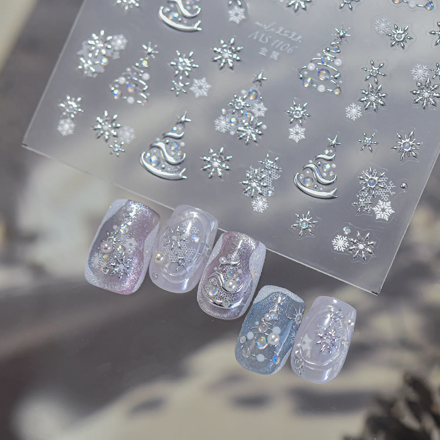 5D Silver Christmas Tree Nail Stickers Hollow Multi‑Layer Snowflake Starburst Ice Snow Nail Decals Winter Holiday Manicure Decor