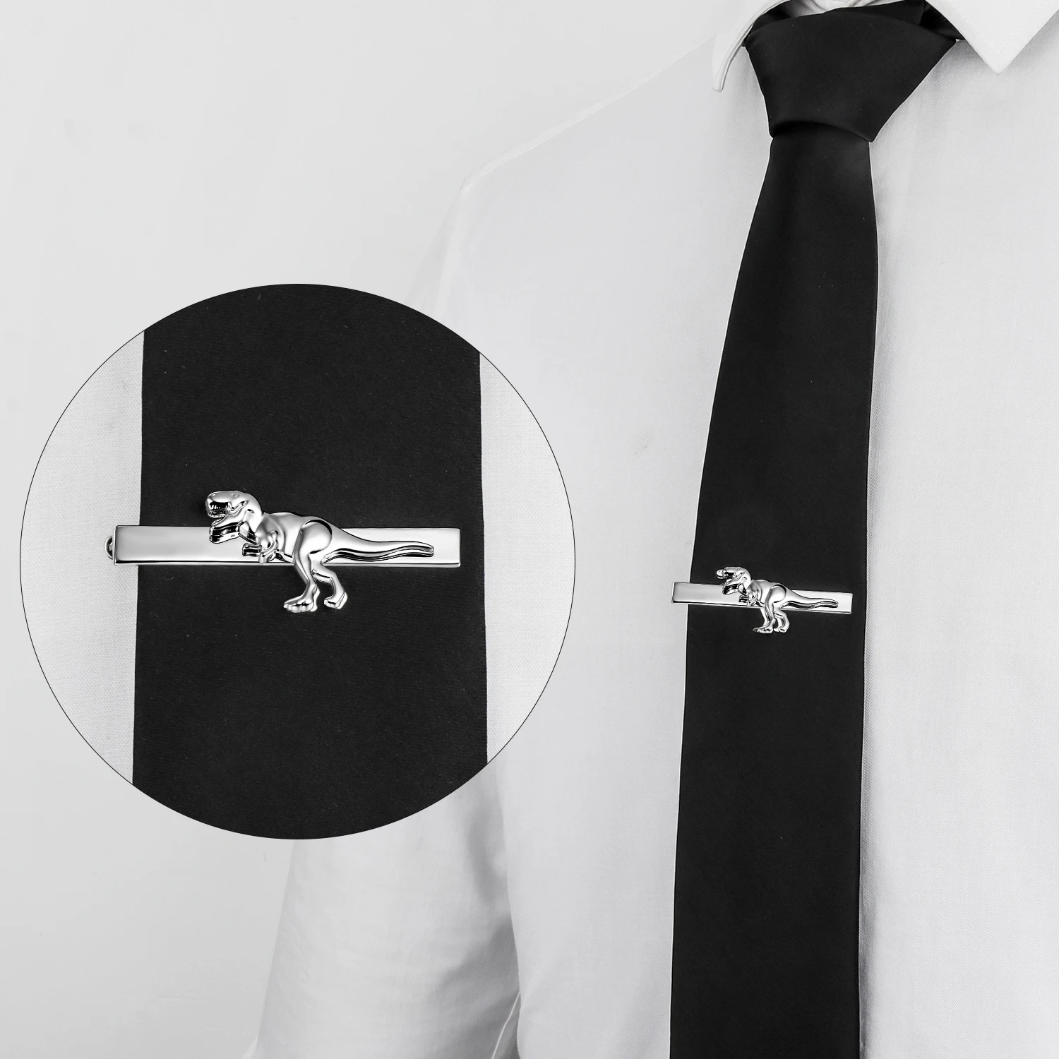 Dinosaur T‑Rex Tie Clip for Men Brass Silver Tone 2 Inch Spring Clasp Novelty Animal Tie Bar Business Wedding Party Gift HAWSON