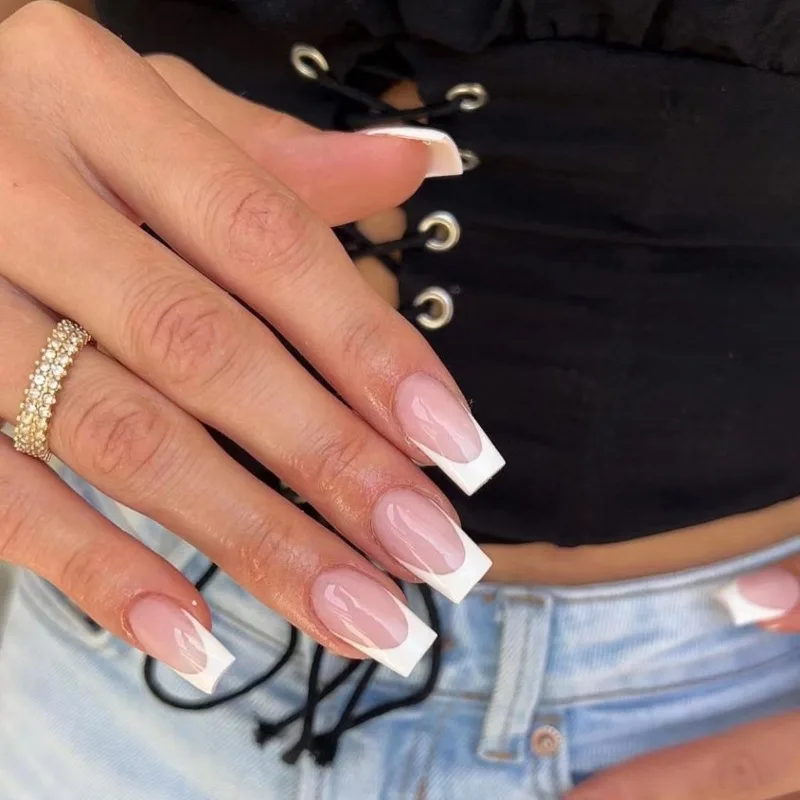 

24 Pcs Medium Length Simple Nails Acrylic Press on Cheap Square False Nails Girls French Self-adhesive Press on Nails with Glue