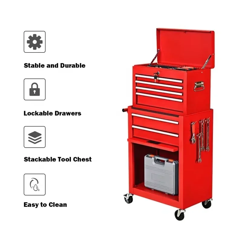 6-Drawer Stainless Steel Tool Chest Box Lockable Garage Trolley for Workshop Storage Cabinet Application