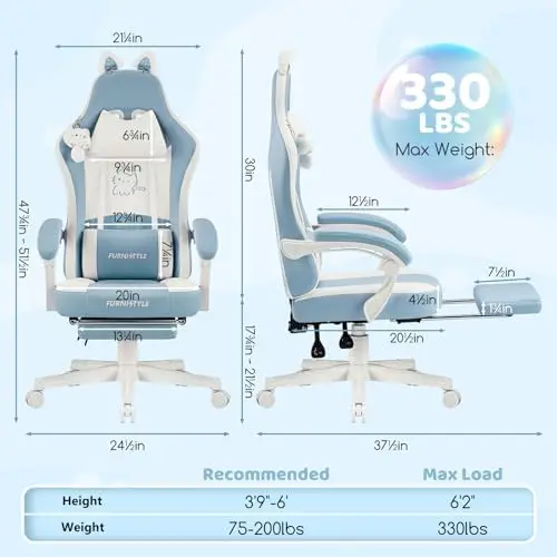 Gaming Chairs, Comfy Video Game Chair for Adults with Cat Ears Pocket Spring Cushion Massage Lumbar Support & Headrest