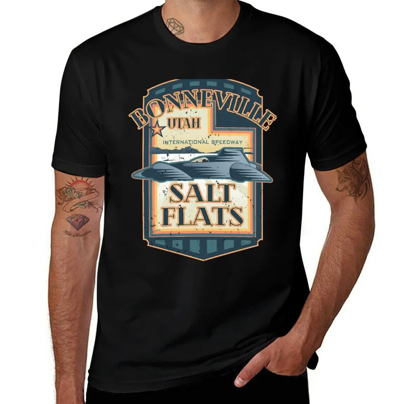 Bonneville Salt Flats International Speedway Vintage Retro Style Illustration T-Shirt Active Wear Sports for Men T-Shirt