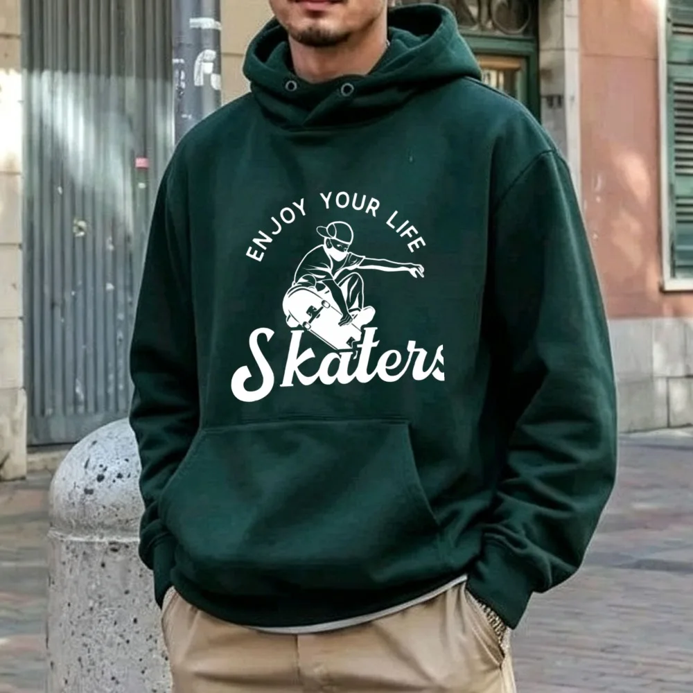 Enjoy Your Life Skater Boy Line Art Hoodie Skateboard Graphic Pullover Hooded Sweatshirt Teen Streetwear Hip Hop Sleeve Hoodie