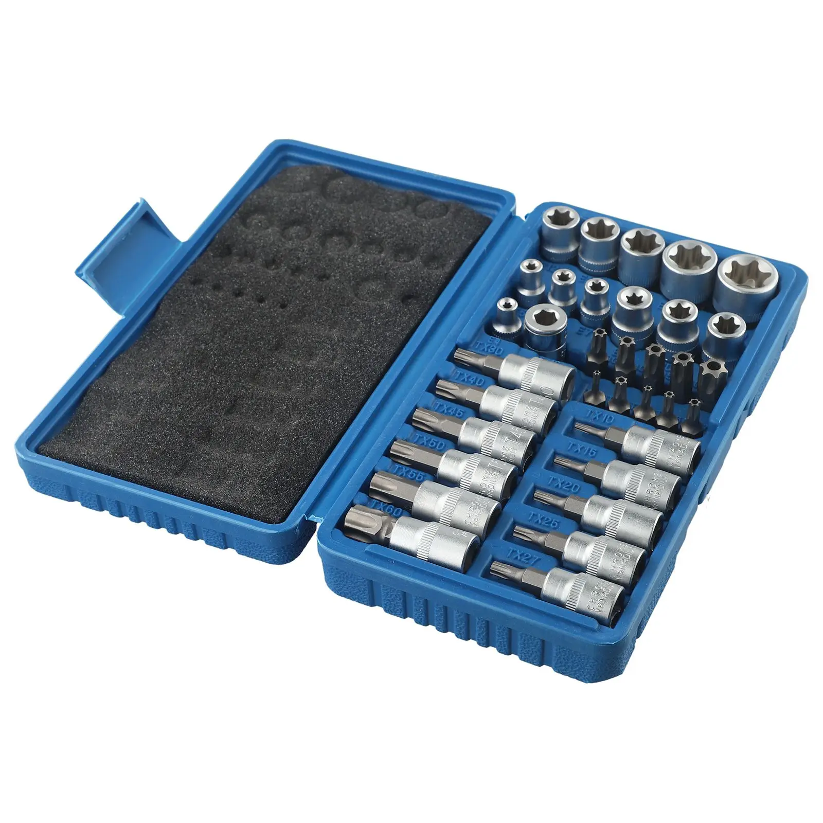 34Pcs For Torx Star Socket and Bit Set for E-Security Fasteners with 3/8 Inch and 1/4 Inch Drive Sizes Chrome Vanadium Steel