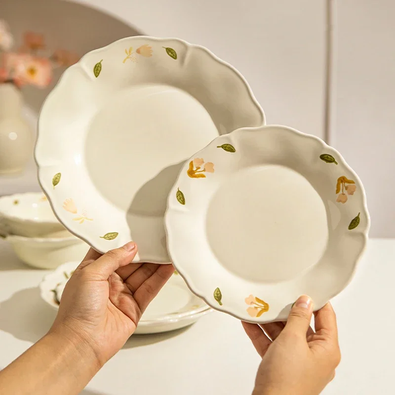 Exquisite Little Flowers Ceramic Plates Light Luxury Restaurant Salad Plate Home Delicious Dishes Soup Bowls Creative Tableware