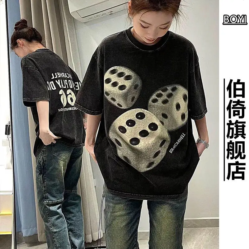 Pure cotton niche trendy brand retro distressed washed short-sleeved T-shirt for women and men with dice print loose hip-hop emo