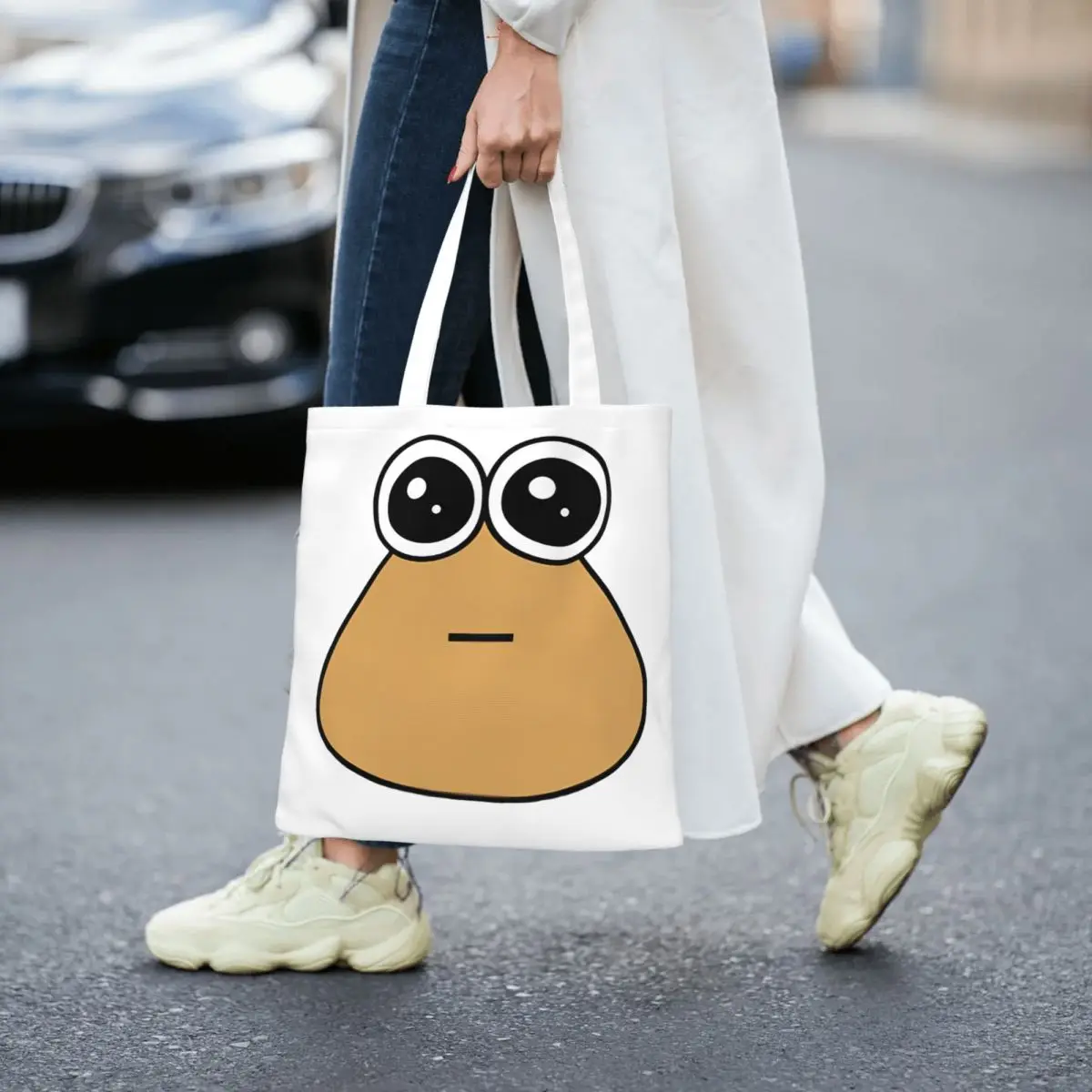 My Pet Alien Pou Canvas Tote Bag Simple Style Large Capacity Shopping Bag for Women Student Bags