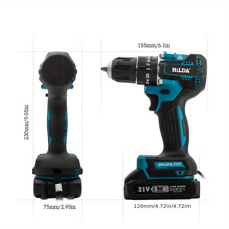 HILDA  21V Multi Functional Electric Impact Drill Cordless with 2 Batteries and Charger Power Tools 23+1 Torque Screwdriver