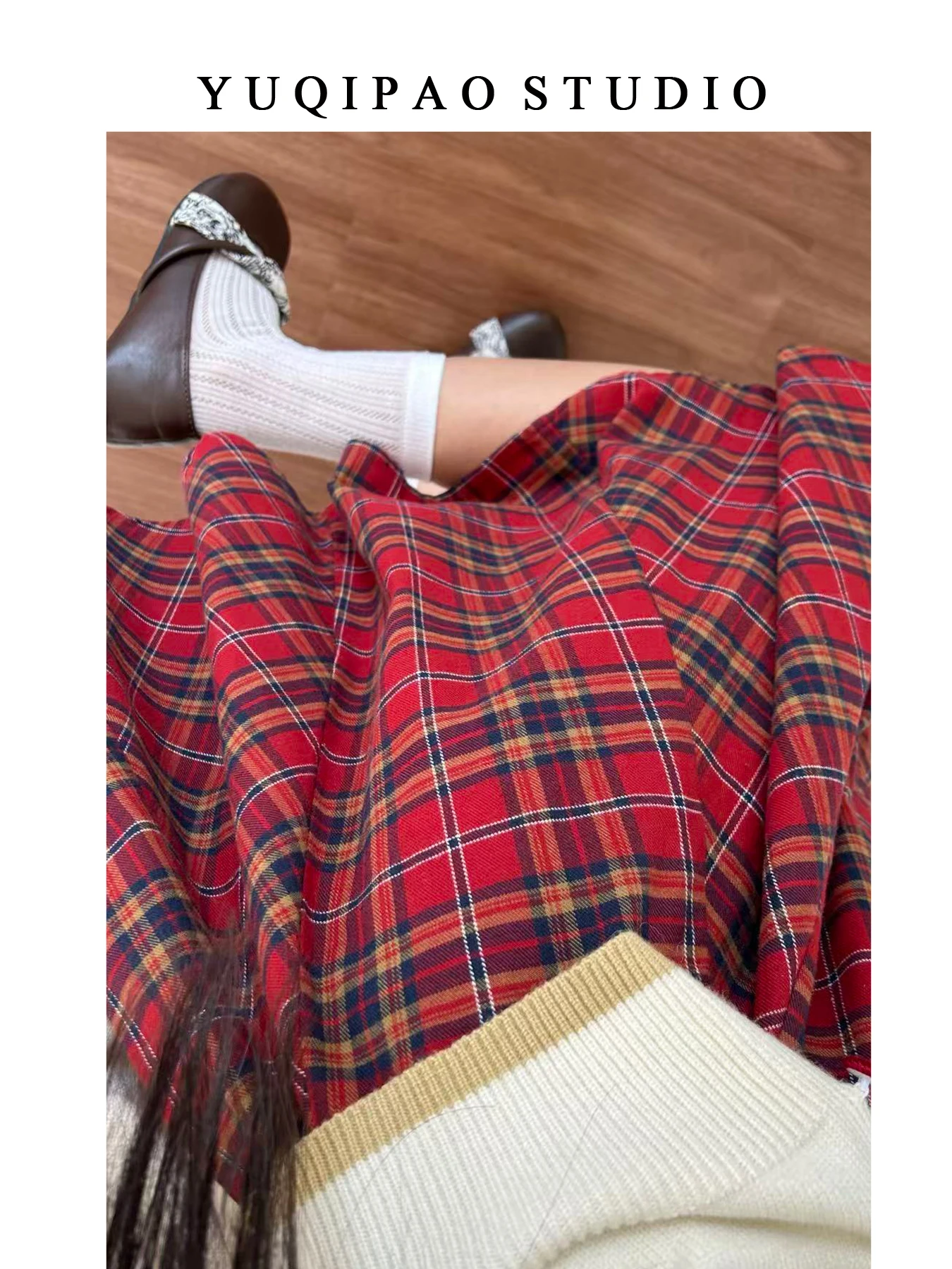 Falda midi de cintura alta a cuadros rojos de talla grande para mujer, estilo A, adelgazante, para otoño e invierno, falda corta de cinco cuartos