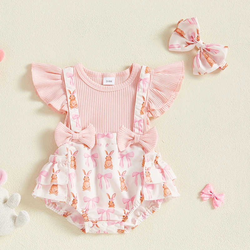 Baby Girl Easter Outfit Bunny Print Fake Two-Piece Fly Sleeve Romper Bow Headband 2 Piece Spring Baby Bodysuits Set