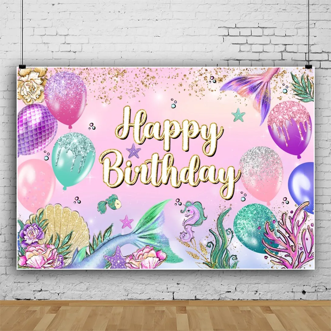 

Mermaid Theme Party Backdrop for Kids Happy Birthday Pink Balloons Photo Studio Background Props Supplies