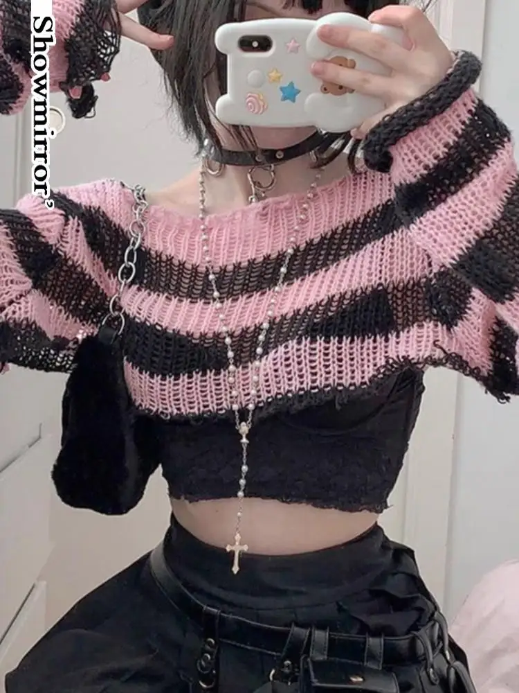 gothic Y2k Girl Crop Sweater cover Black Pink Striped  pullover Long Sleeve Smock Pullovers Kawaii Women Knit Tops clothes