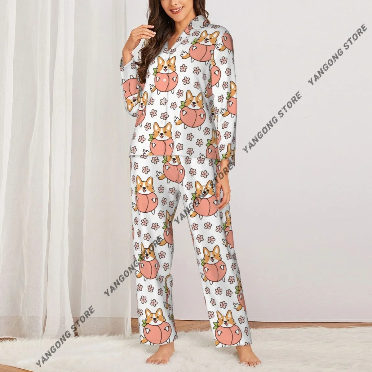 Dog Welsh Corgi In Peach With Flowers Womens Pajamas Loungewear Two-piece Sleepwear Button-Down Full Sleeve Long Pajamas Set