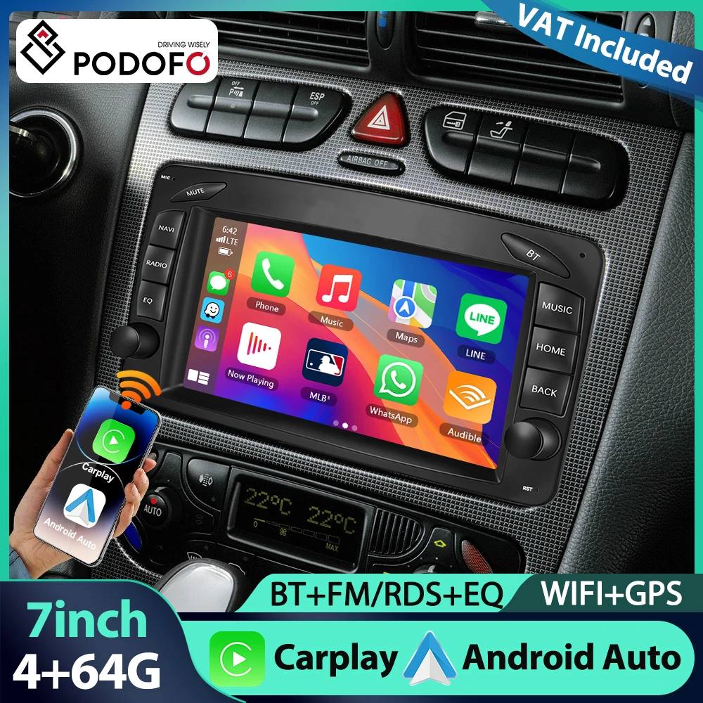 Podofo 7'' 4+64G Radio Samochodowe do Mercedes-Benz/CLK/W209/E-W210/Klasy C/W203 Odtwarzacz Multimedialny EQ WIFI GPS Carplay Android Auto BT Audio Samochodowe