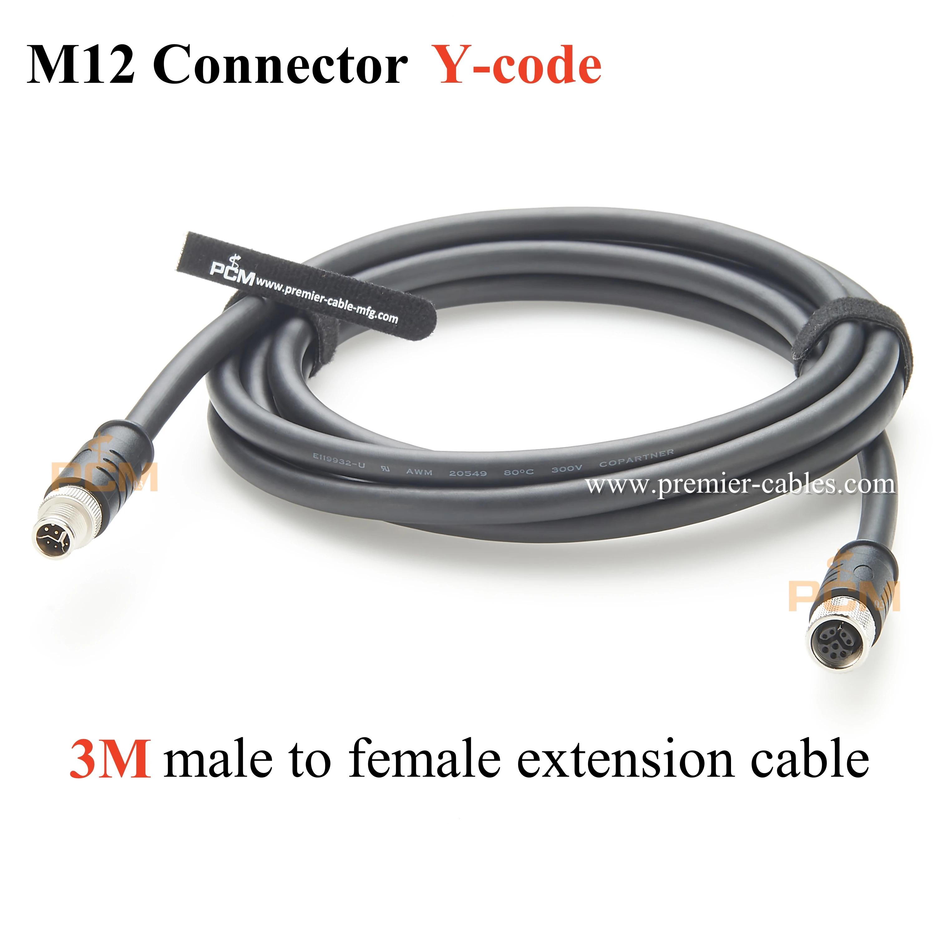 3M M12 8 Pin Y-Coded Extension Cable – Male to Female, Solder Type, IP67, Power + Data Hybrid Cable, Industrial Use