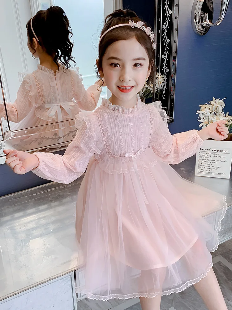 Girls' Dress2024New Western Style Girl Long Sleeve Gauze Dress Princess Dress