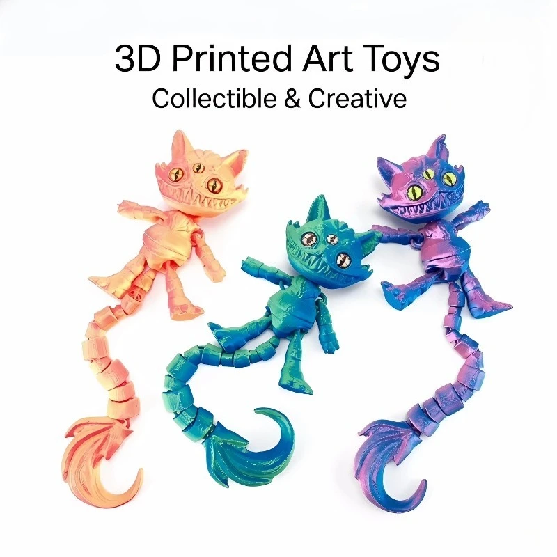 

3D Printed Long-tailed Evil Three Eyes Cat Toys Halloween Monster Cat Figure Models Joints Movable Stress Relief Toys Party Gift
