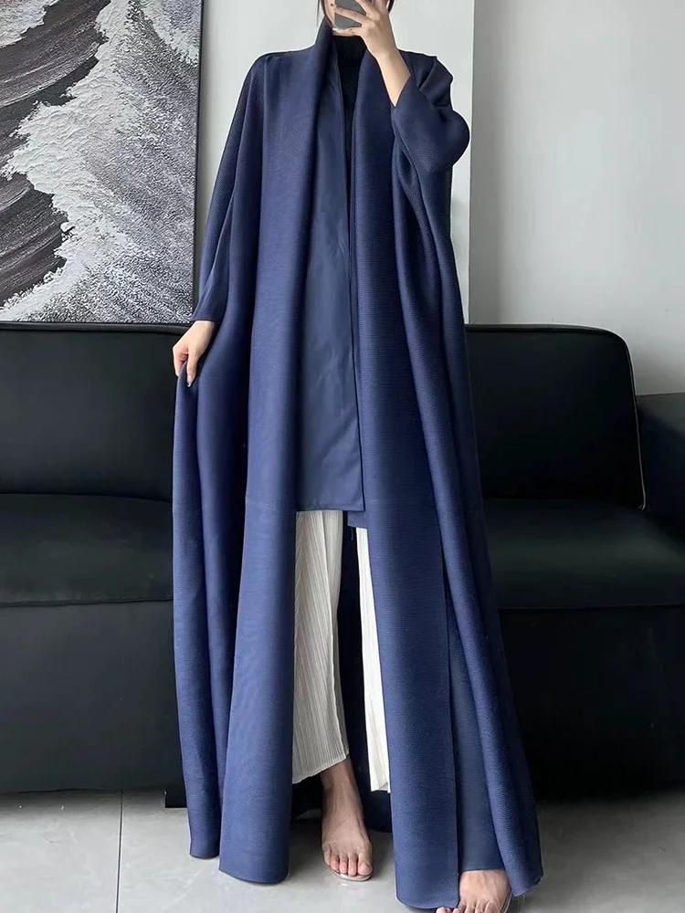 miyake Autumn Solid Color Pleated Windbreaker Women Loose Scraf Collar Long Sleeve Elastic Cardigan Coat Fashion 2024 New