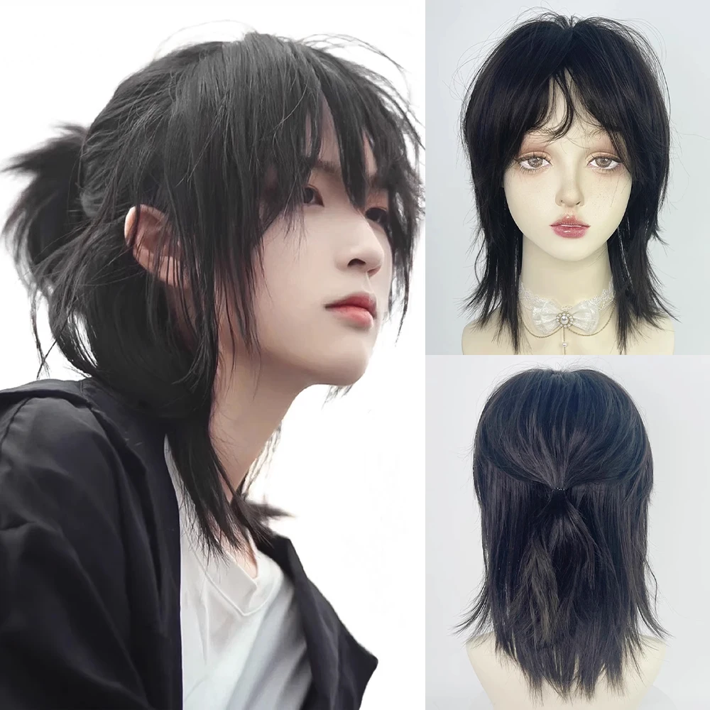 

Mullet Head Synthetic Short Straight Black Wig with Bangs Fluffy Lolita Cosplay Men Wig Heat Resistant for Daily Party