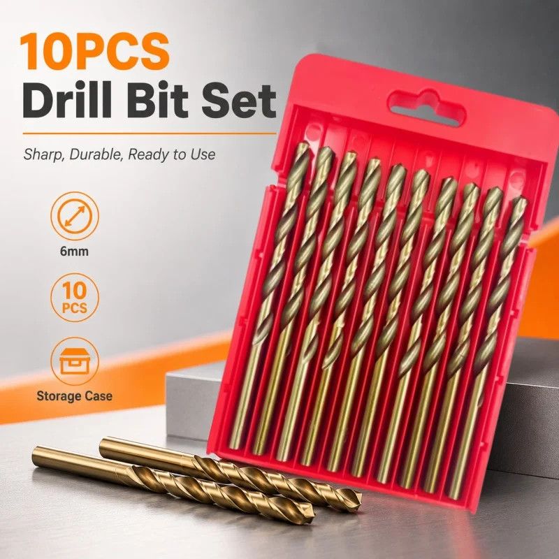 Multipurpose 6mm Twist Drill Bit 10Pcs HSS Drill Bits Set, Sharp Spiral Drilling Bits for Metal Timber Plastic Power Tool Access
