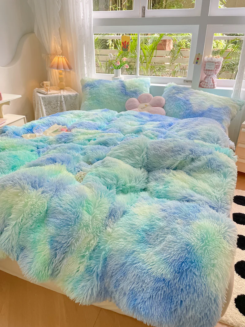 

Candy Color Long Hair Duvet Cover Set Winter Warm Mink Velvet Blanket With Zipper Comforter Cover Quilt Bag Flannel Plush Double