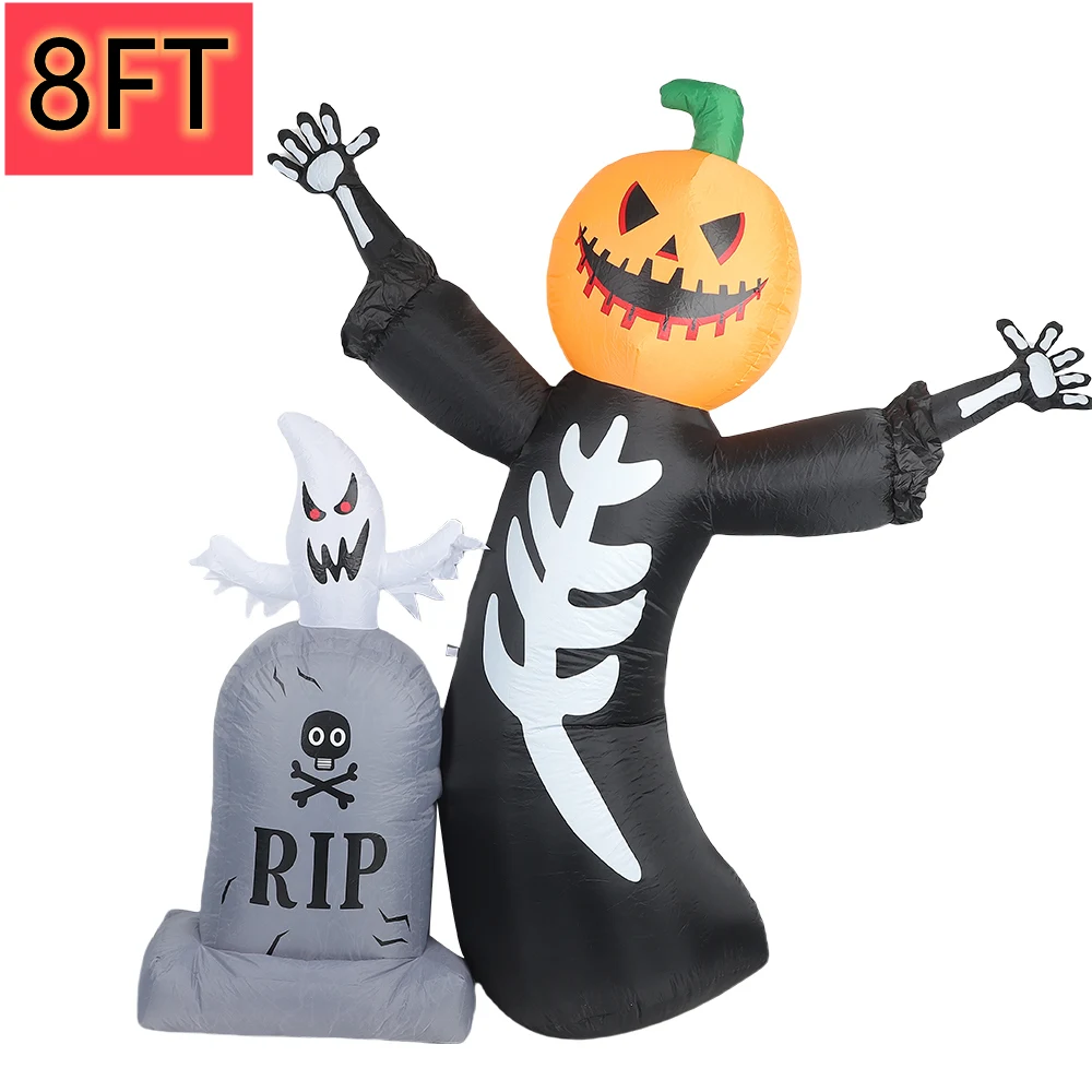 8 FT/2.4M Halloween Inflatable Skull Pumpkin Man with LED Lights Outdoor Garden Lawn Holiday Party Decoration Props Gravestone view 5