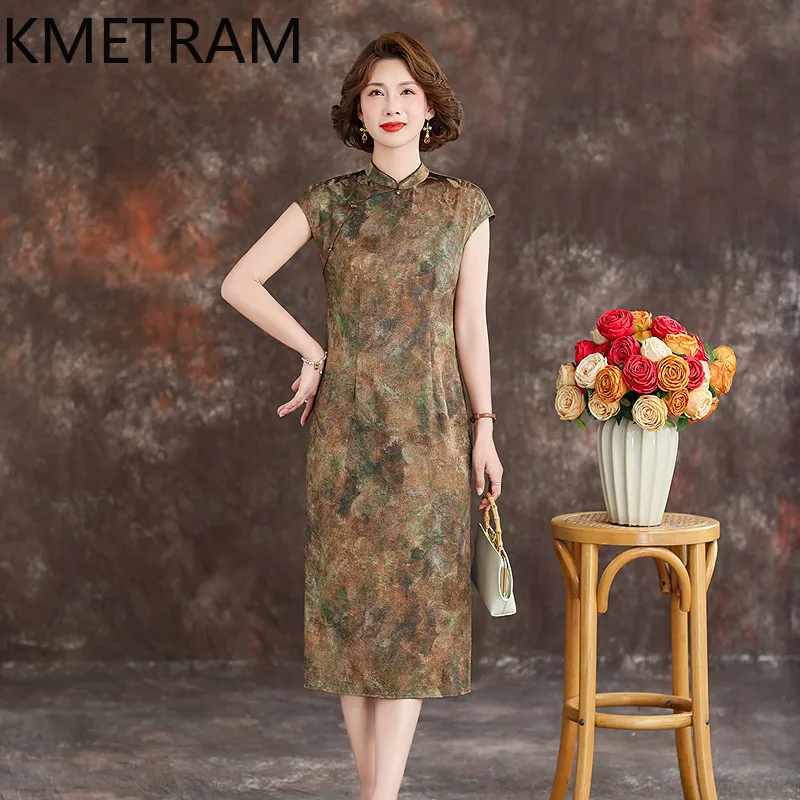 KMETRAM 92% Mulberry Silk Middle-aged Dress Woman 2026 Summer New Chinese-style Short-sleeved Stand Collar Cheongsam Ropa Mujer