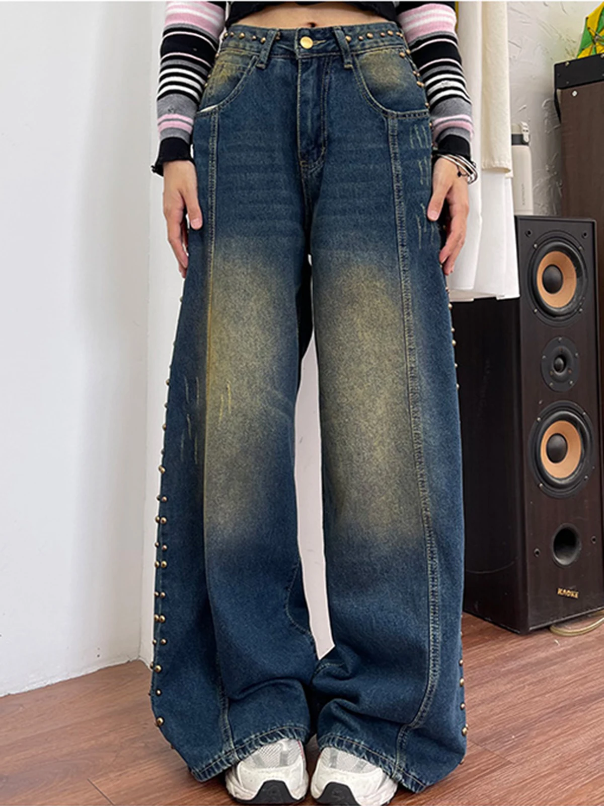 

2024 Spring Autumn New Women Rivet Jeans Unisex Y2K Harajuku Street Chic baggey Trousers Vintage High Waist Wide Leg Denim Pants